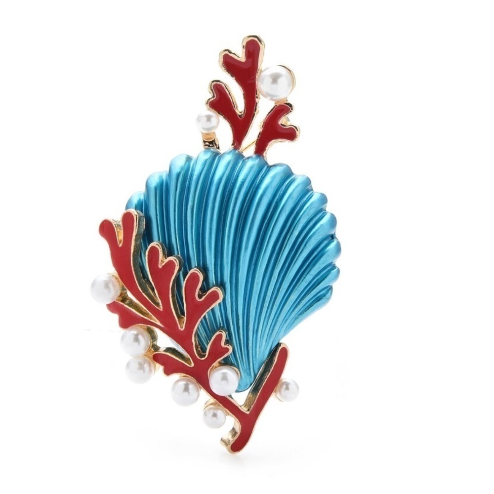 Blue & Red Shell Brooch With Imitation Pearls: Nautical Elegance and Coastal Cha